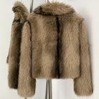 OFTBUY Luxury Oversized Lapel Faux Fur Jacket - Premium Vegan Fur Short Coat for Winter Glamour