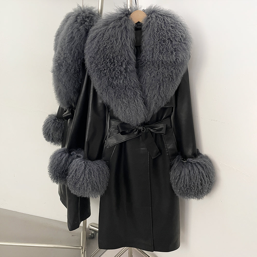 OFTBUY New Autumn Winter Clothes Women Luxury Real Mongolia Sheep Fur Jacket Femlae Long Vintage Faux Leather Streetwear Coat
