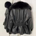 OFTBUY New Women's Faux Leather Jacket with Oversized Faux Fox Fur Elastic Waist Puff Sleeves Coat Luxury Warm Winter Outerwear