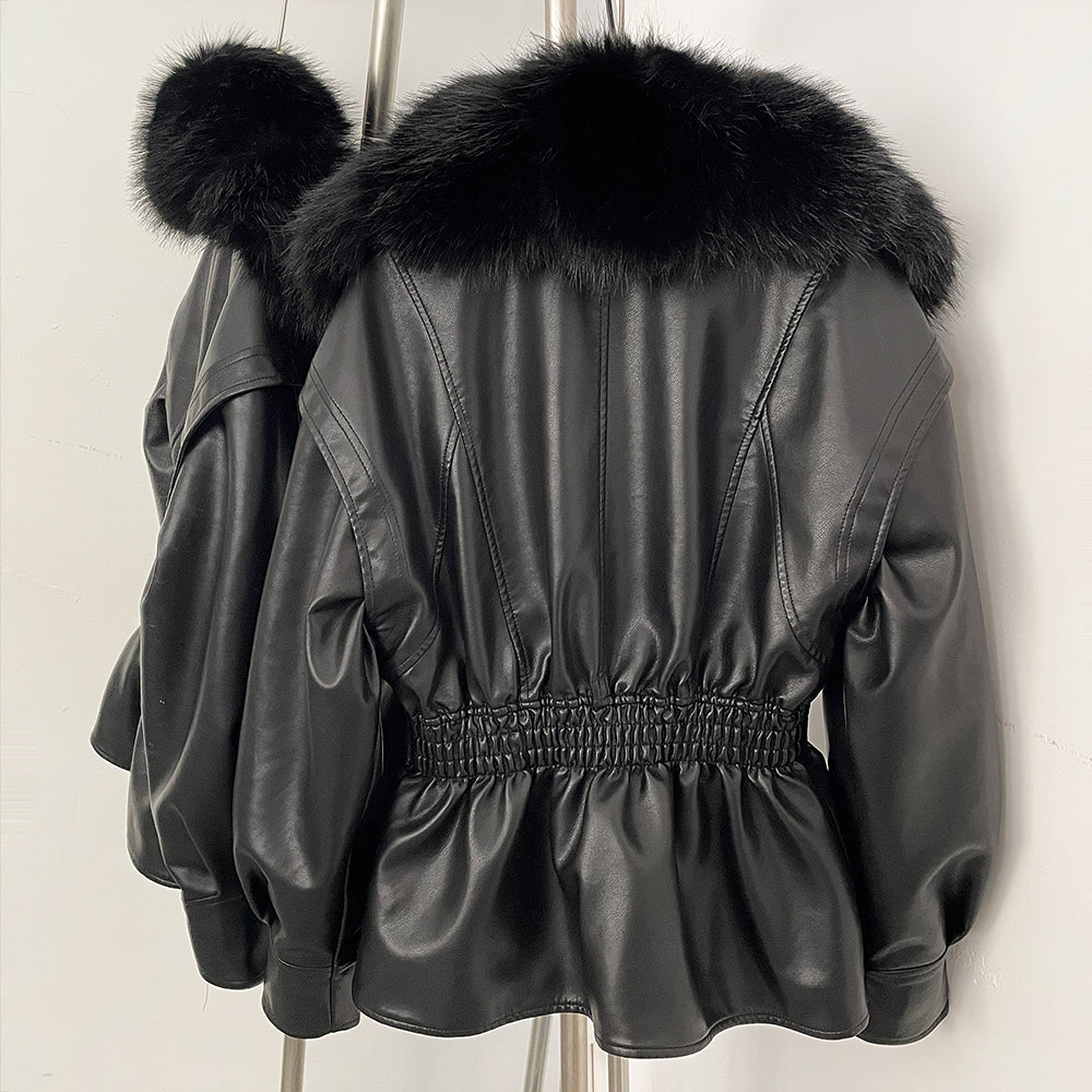 OFTBUY New Women's Faux Leather Jacket with Oversized Faux Fox Fur Elastic Waist Puff Sleeves Coat Luxury Warm Winter Outerwear