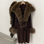 OFTBUY Fashion Warm Belt Real Fox Fur Cardigan New Natural Fur Collar Long Knit Jacket Women Atrumn Winter Top Clothing Female