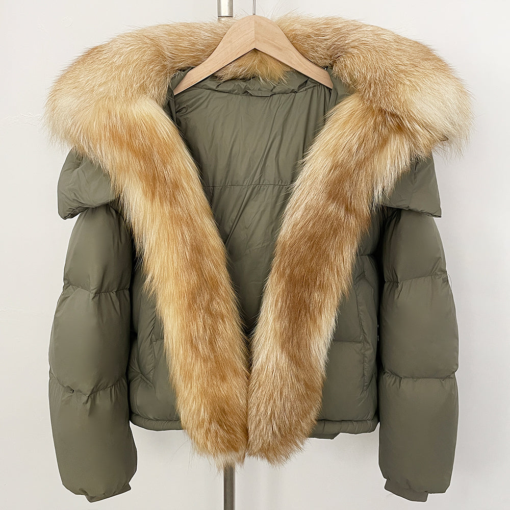OFTBUY Ultra-Luxury 90% Duck Down Puffer Jacket with Oversized Real Fox & Raccoon Fur Collar