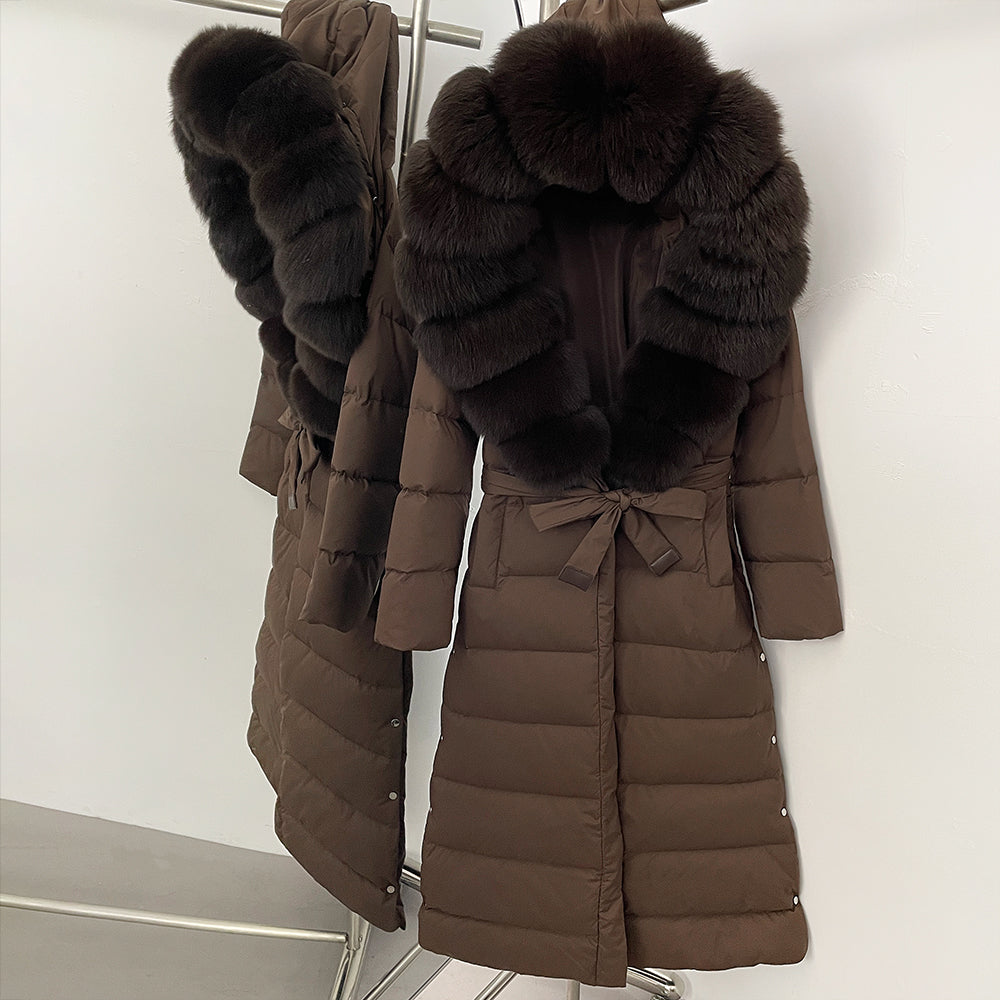 OFTBUY Hooded Winter White Duck Down Coat Large Real Fox Fur Collar X-Long Puffer Jacket Women Thick Female Parkas With Belt