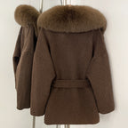 OFTBUY Belted Warm Winter Elegant Fashion Outerwear Lady New Women's Double-Faced Wool Coat with Large Real Fox Fur Collar Cuffs