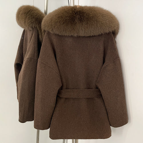 OFTBUY Belted Warm Winter Elegant Fashion Outerwear Lady New Women's Double-Faced Wool Coat with Large Real Fox Fur Collar Cuffs