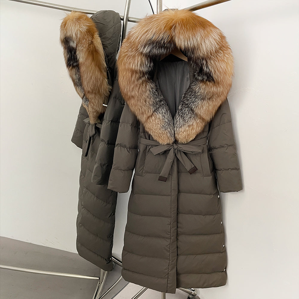 OFTBUY Hooded Winter White Duck Down Coat Large Real Fox Fur Collar X-Long Puffer Jacket Women Thick Female Parkas With Belt