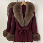 OFTBUY New Women's Double-Faced Wool Coat with Large Real Fox Fur Collar Cuffs Belted Warm Winter Elegant Fashion Outerwear Lady
