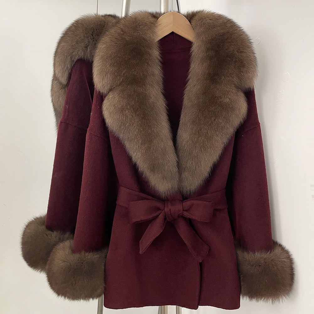 OFTBUY New Women's Double-Faced Wool Coat with Large Real Fox Fur Collar Cuffs Belted Warm Winter Elegant Fashion Outerwear Lady