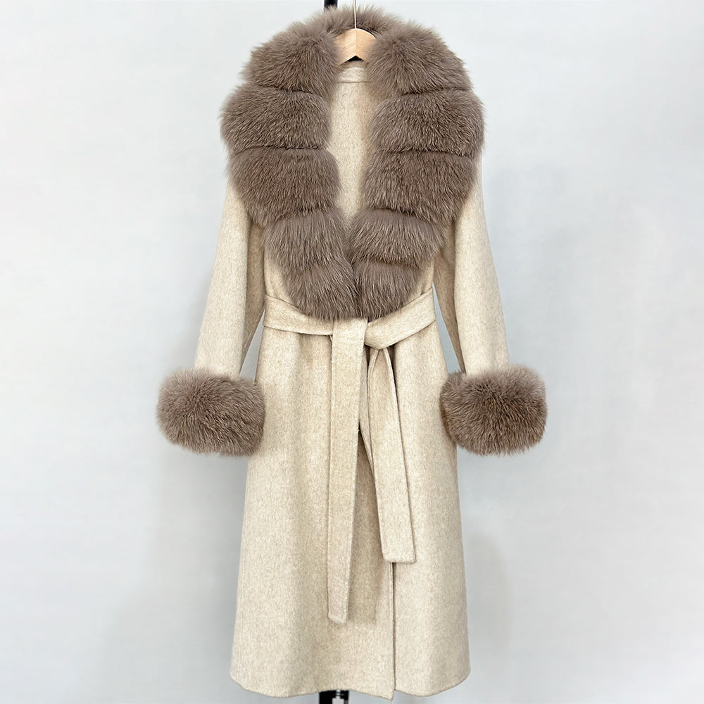 OFTBUY Fashion Warm Woolen Jacket with Real Fox Fur Collar and Cuffs New Autumn Winter Wool Clothing Women Long Belt Outerwear