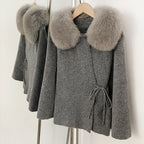 OFTBUY Women's Real Fox Raccoon Fur Collar Knit Wrap Coat Drawstring Waist Autumn Winter Cardigan Jacket Female Luxury Outerwear