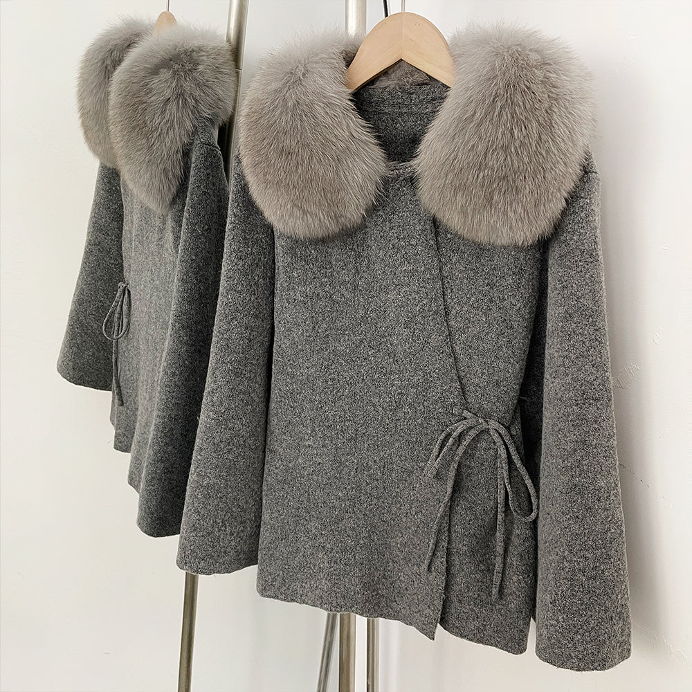 OFTBUY Women's Real Fox Raccoon Fur Collar Knit Wrap Coat Drawstring Waist Autumn Winter Cardigan Jacket Female Luxury Outerwear