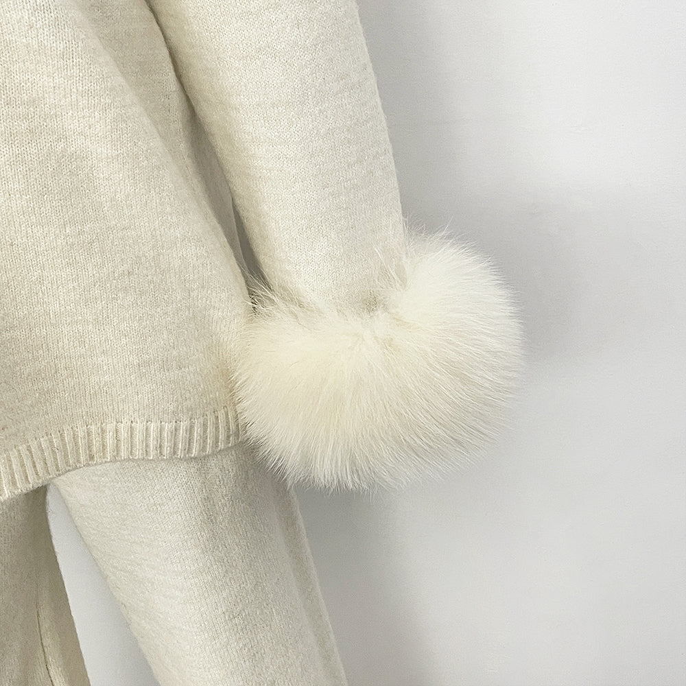 OFTBUY Loose Pants Warm Winter Elegant Casual Outfit Sweater Female New Women's Knit Two Piece Set with Real Fox Fur Collar