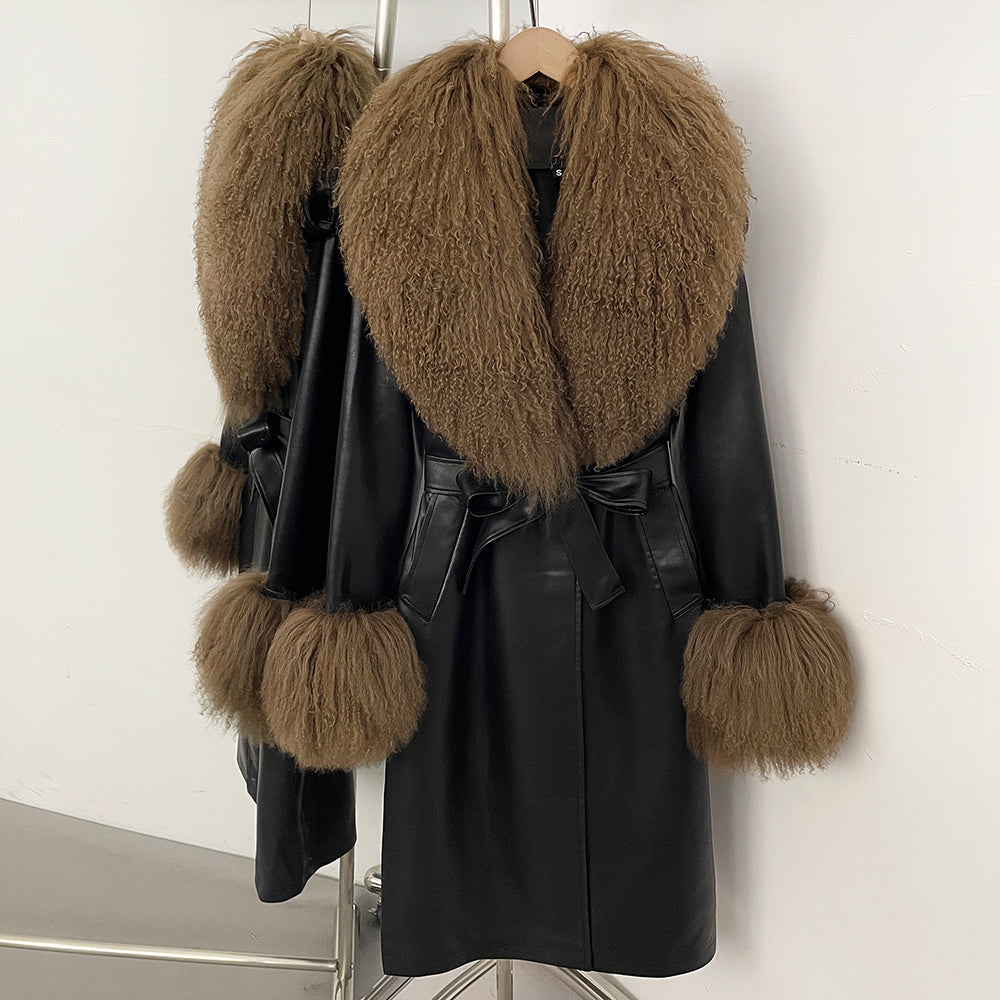 OFTBUY New Autumn Winter Clothes Women Luxury Real Mongolia Sheep Fur Jacket Femlae Long Vintage Faux Leather Streetwear Coat