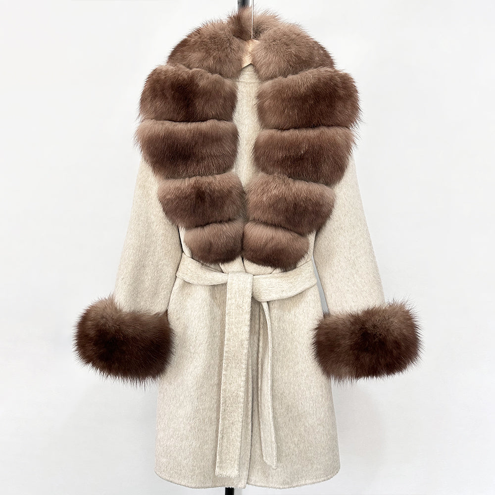 OFTBUY New Autumn Winter Top Clothes Women Belt Natural Fur Wool Coat Female Fashion Warm Woolen Jacket with Real Fox Fur Collar