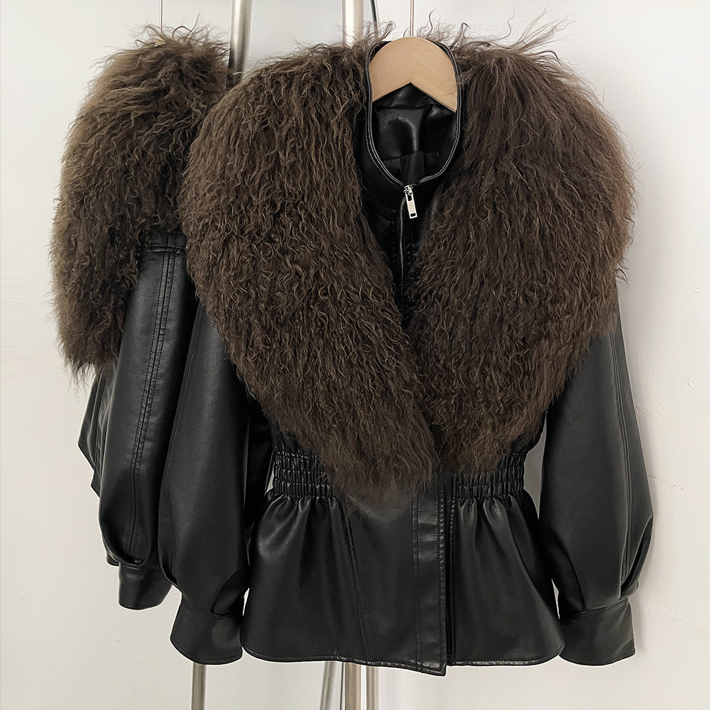 OFTBUY New Spring Autumn Faux Leather Jacket Female Real Mongolia Sheep Fur Pu Leather Coat Women Luxury Fashion Streetwear