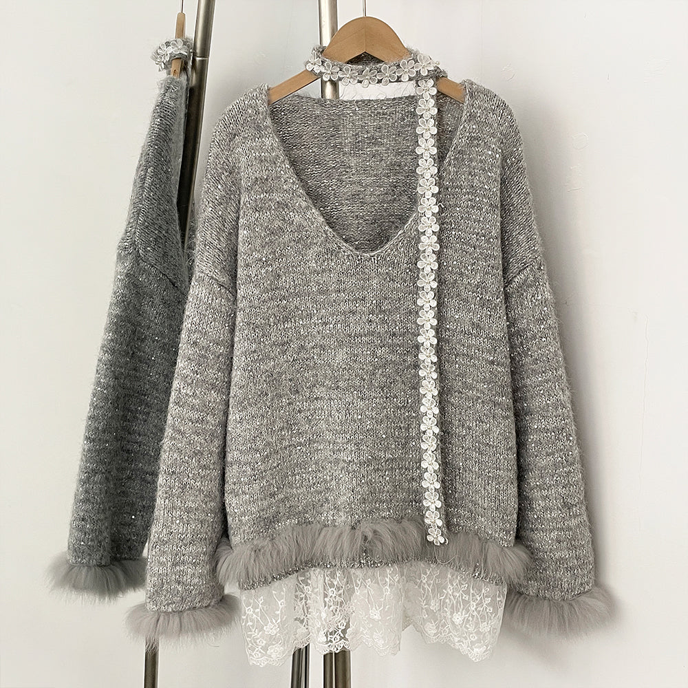 OFTBUY New Spring Autumn Top Knitted Clothes Women Loose Ribbon Knitwear Coat Real Fox Fur Lace Pullovers Sweater Jacket Female