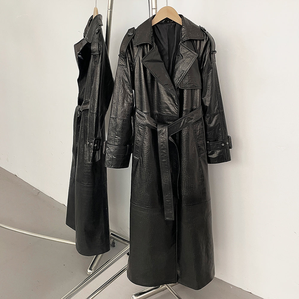 OFTBUY Hot Sales Fashion New Spring Autumn Real Leather Clothing Women's Long Belt Genuine Leather Jacket Female Black Coat