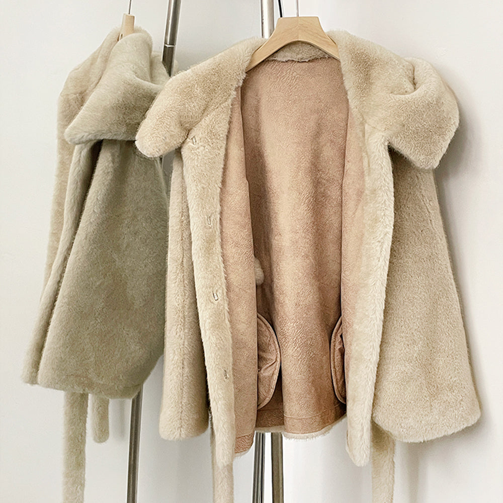 OFTBUY Wholesale Hooded Belt Faux Fur Coat Female Thickened Warm Fluffy Fake Fur Jacket Women New Winter Long Sleeve Fur Clothes Female