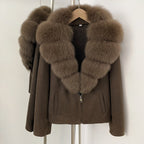 OFTBUY Women's Luxury Real Fox Fur Collar Knit Coat Warm New Autumn Winter Jacket Female Elegant Cardigan Sweater Outerwear