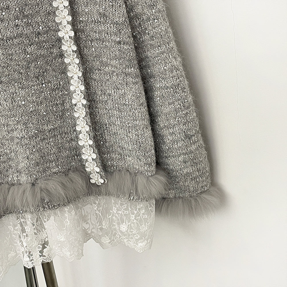 OFTBUY New Spring Autumn Top Knitted Clothes Women Loose Ribbon Knitwear Coat Real Fox Fur Lace Pullovers Sweater Jacket Female