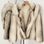 OFTBUY Luxury Hooded Faux Fur Jacket - Premium Vegan Silver Fox Style Cropped Winter Coat