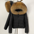 OFTBUY Hooded Slim Real Fox Fur Collar Fluffy Puffer Jacket Women New Winter Short Top Clothing Female Fur White Duck Down Coat