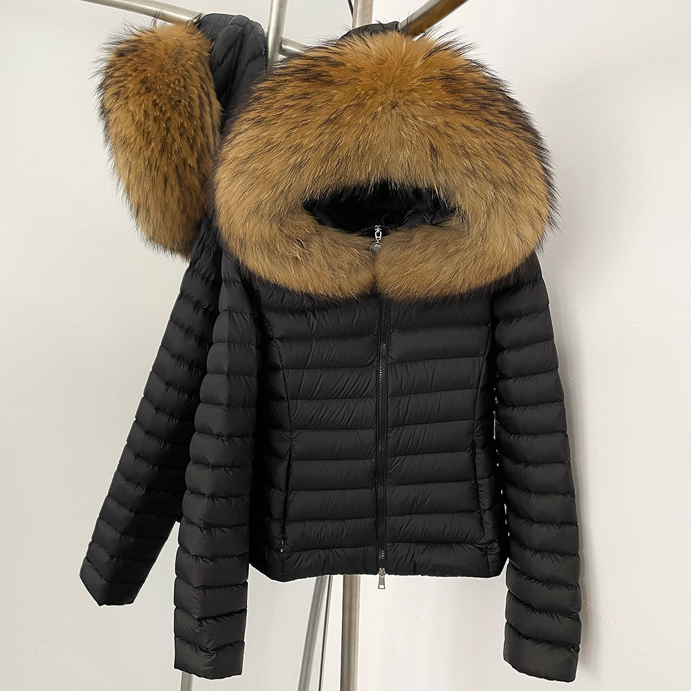 OFTBUY Hooded Slim Real Fox Fur Collar Fluffy Puffer Jacket Women New Winter Short Top Clothing Female Fur White Duck Down Coat