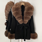 OFTBUY Belted Waist Striped Texture Pockets New Women's Knit Coat with Large Real Fox Fur Collar Winter Luxury Elegant Outerwear