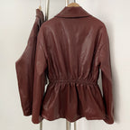 OFTBUY New Women's Faux Leather Jacket Lapel Collar Zipper Elastic Waist Pockets Elegant Fashion Outerwear Vintage Coat Female