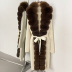 OFTBUY New Women's Knit Long Coat with Full Real Fox Fur  Belted Pockets Warm Winter Elegant Fashion Outerwear Cardigan Sweater
