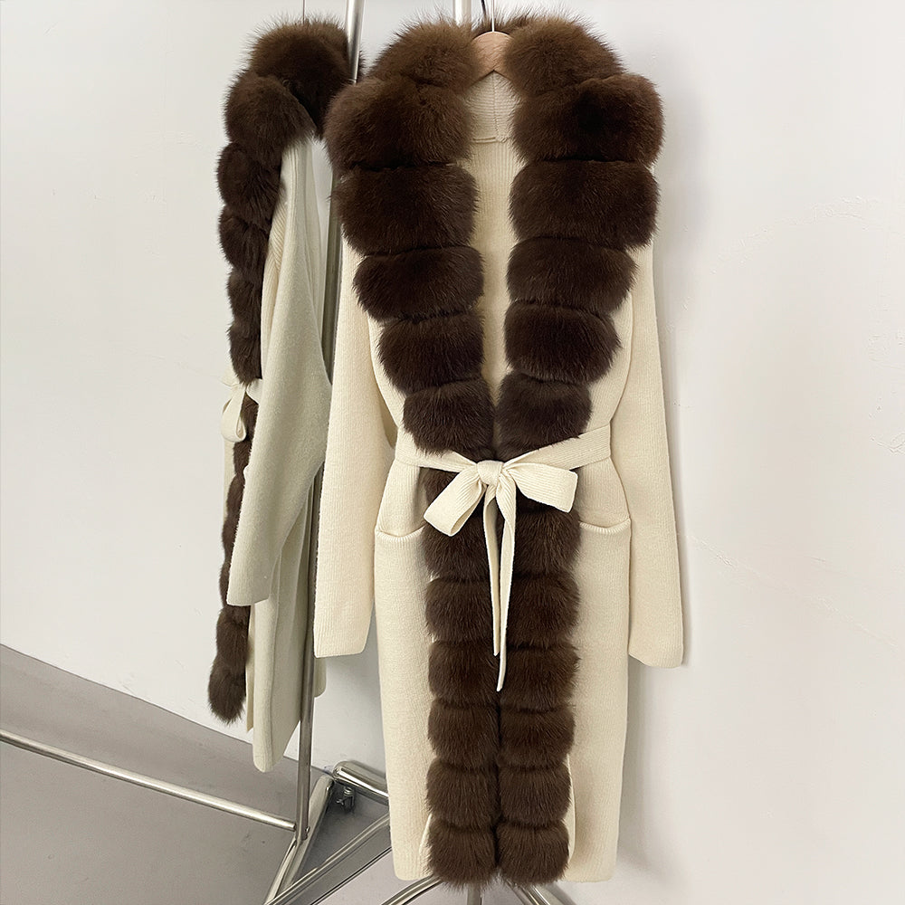 OFTBUY New Women's Knit Long Coat with Full Real Fox Fur  Belted Pockets Warm Winter Elegant Fashion Outerwear Cardigan Sweater