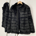 OFTBUY Classic Black 100% Real Rex Rabbit Fur Jacket - Velvet-Soft Tiered Short Winter Coat