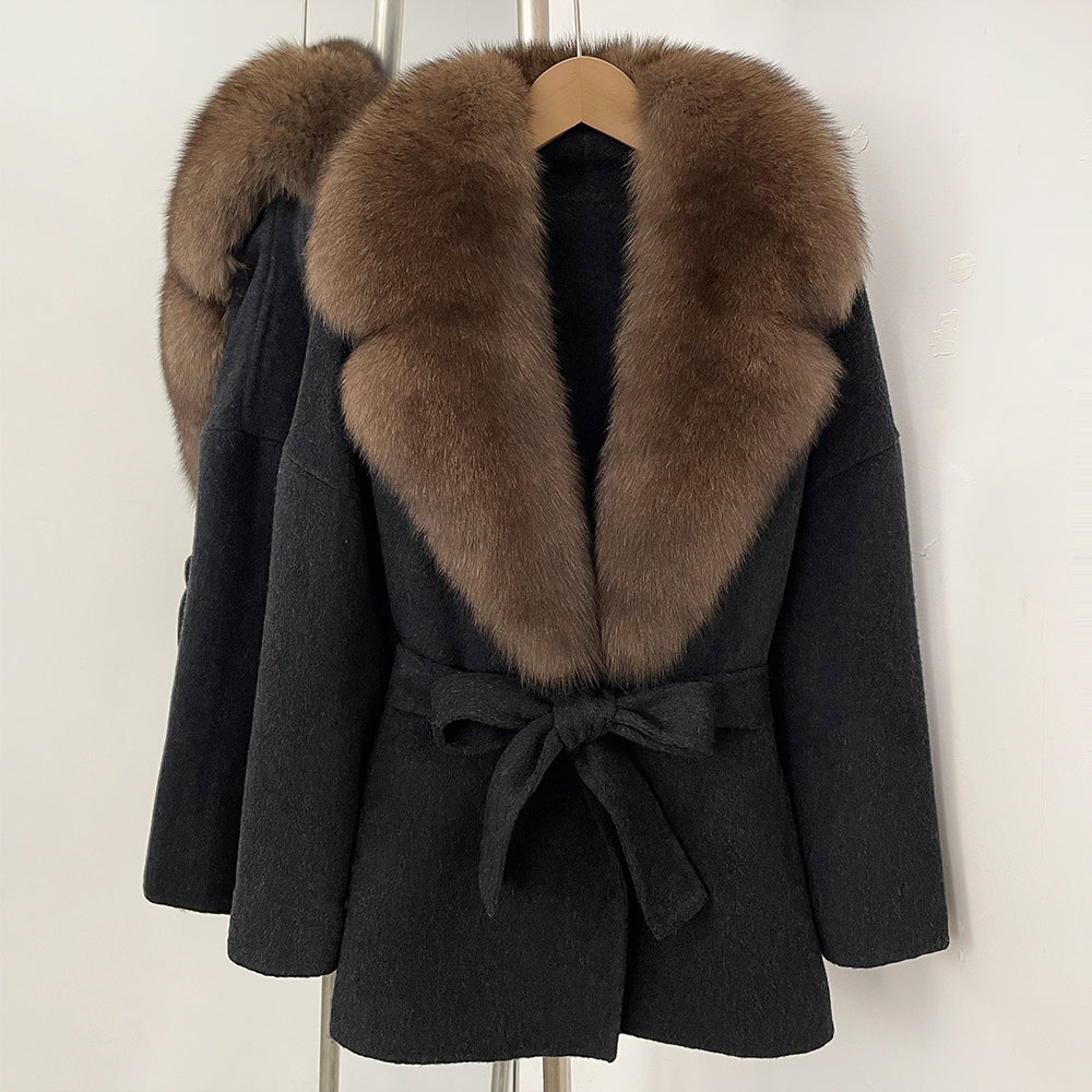 OFTBUY Belted Warm Winter Elegant Fashion Outerwear Lady New Women's Double-Faced Wool Coat with Large Real Fox Fur Collar Cuffs