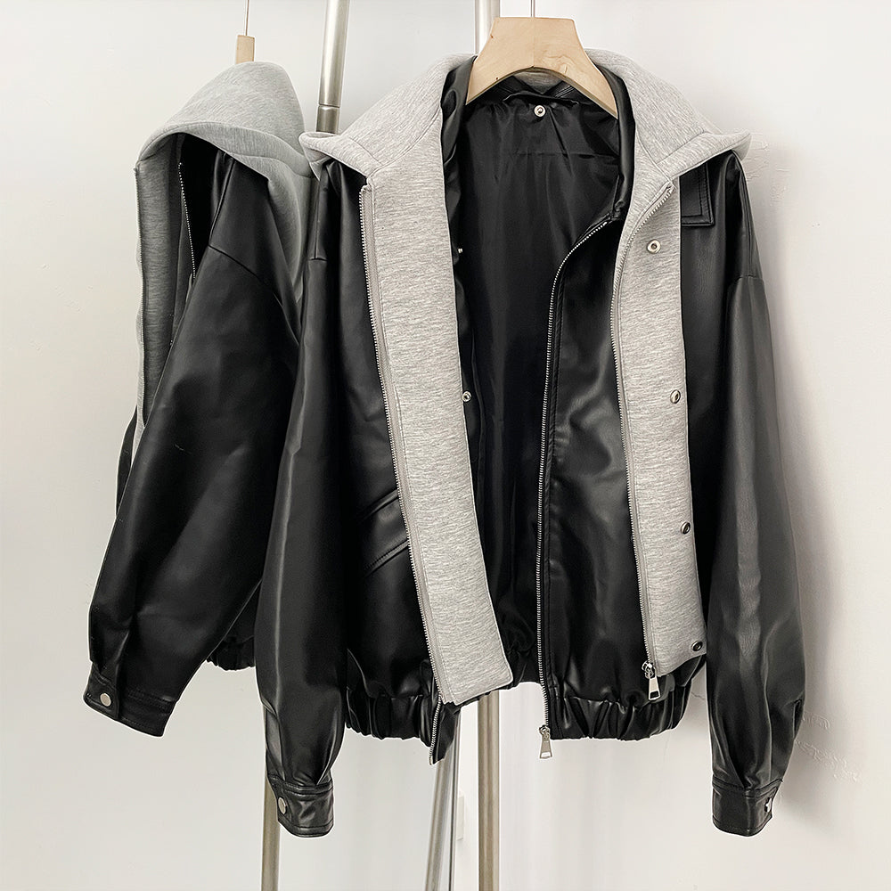 OFTBUY Detachable Hood Color Block Design New Women's Faux Leather Bomber Jacket Zipper Elastic Hem Casual Streetwear Outerwear