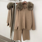 OFTBUY Knitted Pant Set Female Fashion Warm Real Fox Fur Sweater Lady New Autumn Winter Plus Size Woman Clothes Outfits Knitwear