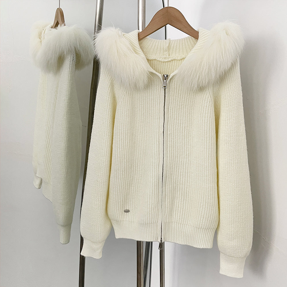 OFTBUY Natural Fur Knitted Sweater Jacket Hooded Real Fox Fur Cardigan Coat Women New Autumn Winter Zipper Warm Clothes Female