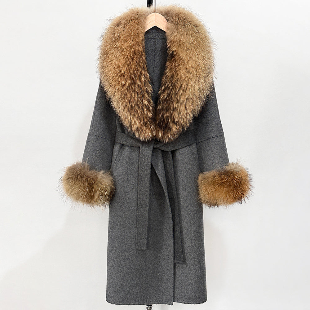 OFTBUY New Women's Double-Faced Wool Coat with Large Real Fox Fur Belted Warm Winter Luxury Fashion Outerwear Woolen Jacket Lady