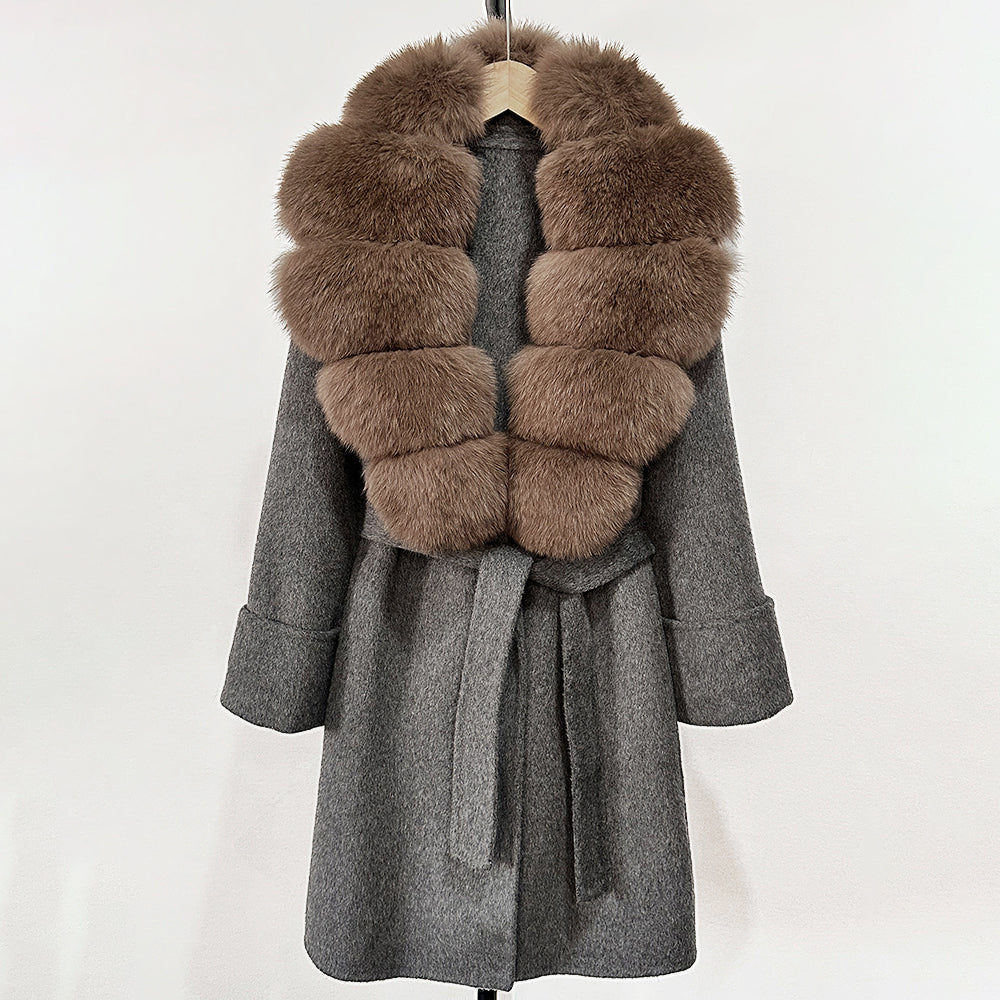 OFTBUY Natural Real Fox Fur Wool Blends Coat Women New Belt Pocket Winter Jacket Female Loose Woolen Outerwear Streetwear