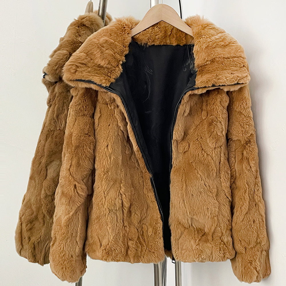 Open front view showing smooth lining of caramel rabbit fur jacket