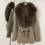OFTBUY New Women's Knit Coat with Large Real Fox Fur Collar Belted Waist Striped Texture Pockets Winter Luxury Elegant Outerwear