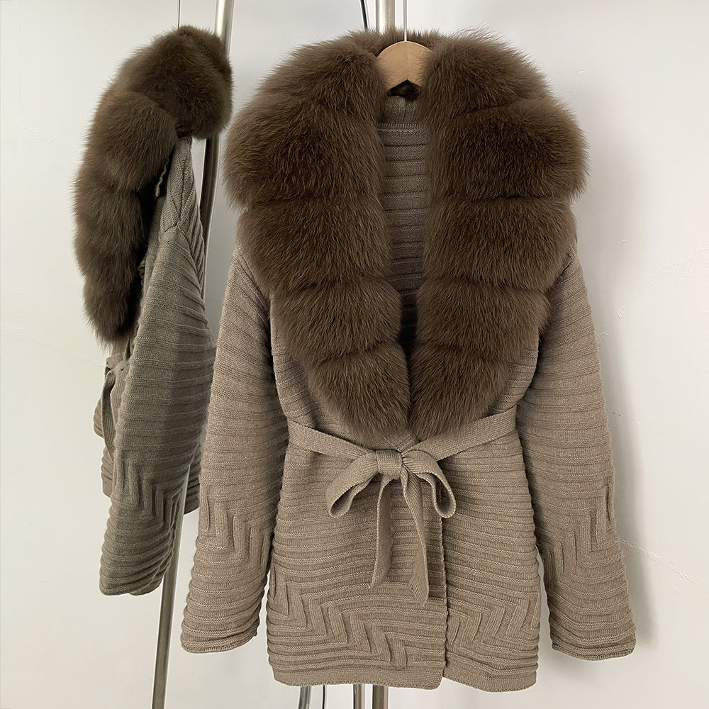 OFTBUY New Women's Knit Coat with Large Real Fox Fur Collar Belted Waist Striped Texture Pockets Winter Luxury Elegant Outerwear