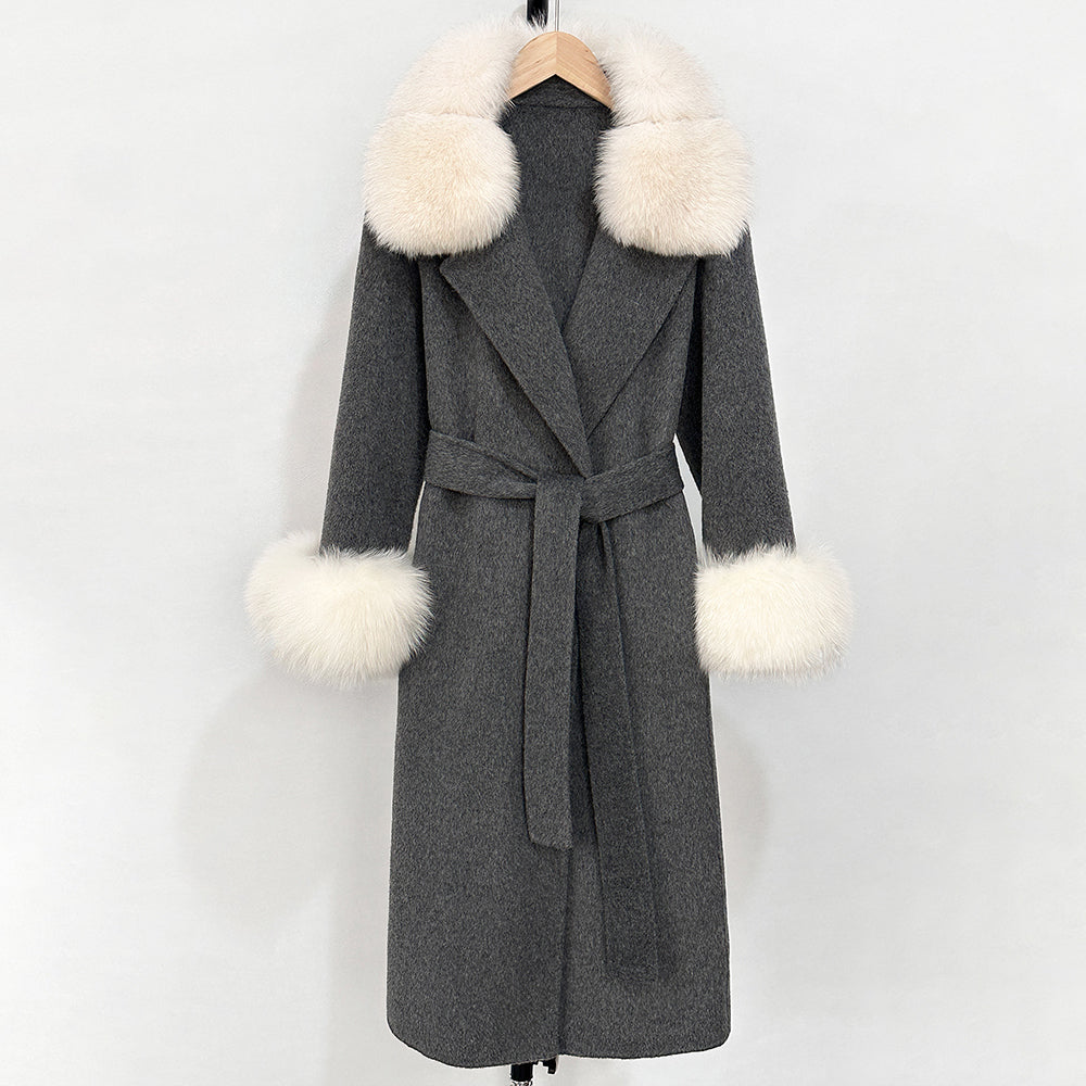 OFTBUY Belted Warm Winter Elegant Fashion Outerwear New Women's Double-Faced Wool Coat with Real Fox Fur Collar and Cuffs