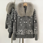 OFTBUY Women's Vintage Real Fox Fur Collar Knit Cardigan Paisley Print Zip Up Sweater Jacket Female Warm Winter Luxury Outerwear