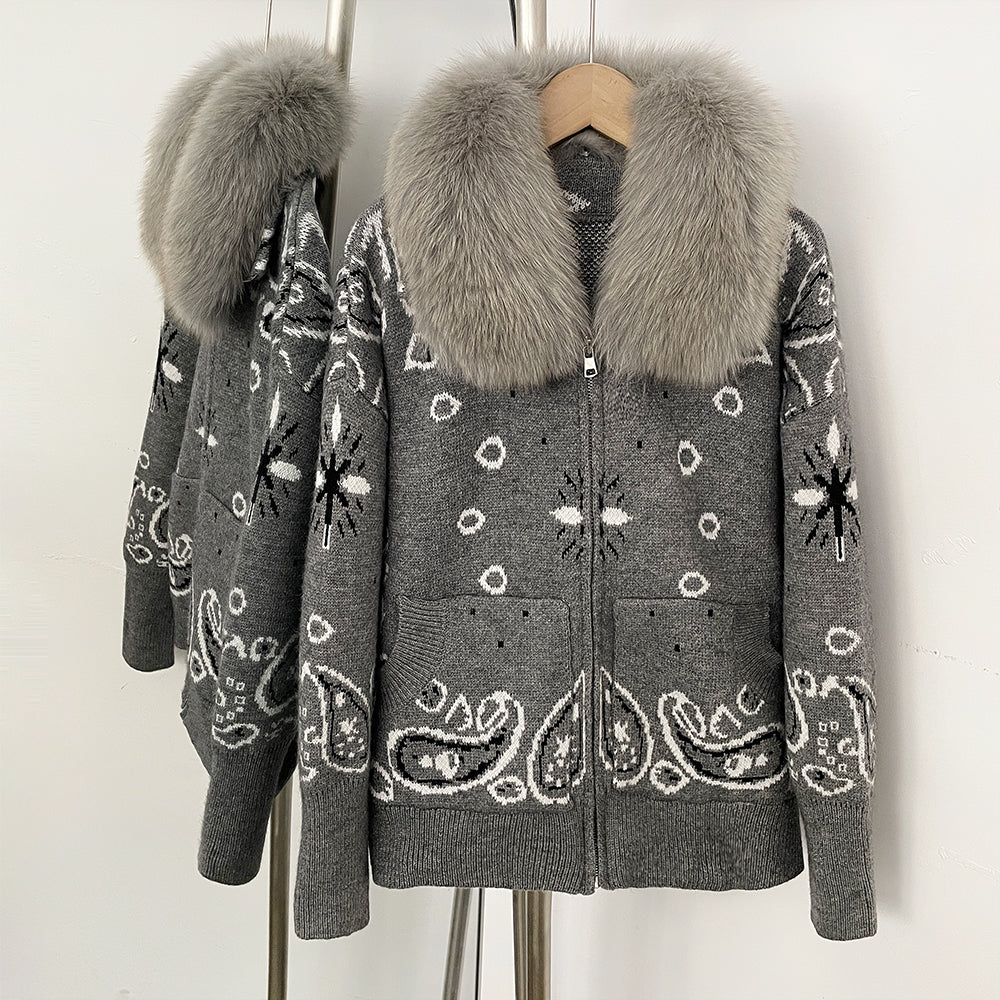 OFTBUY Women's Vintage Real Fox Fur Collar Knit Cardigan Paisley Print Zip Up Sweater Jacket Female Warm Winter Luxury Outerwear