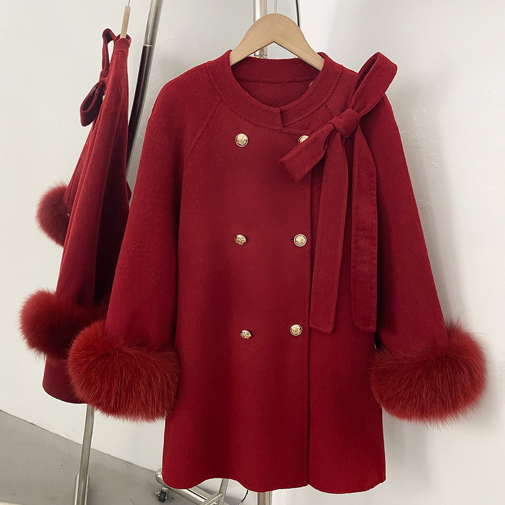 OFTBUY Bow Wool Jacket Mid-length Round Neck 100% Wool Coat Female New Autumn Winter Double-breasted Real Fox Fur Woolen Clothes