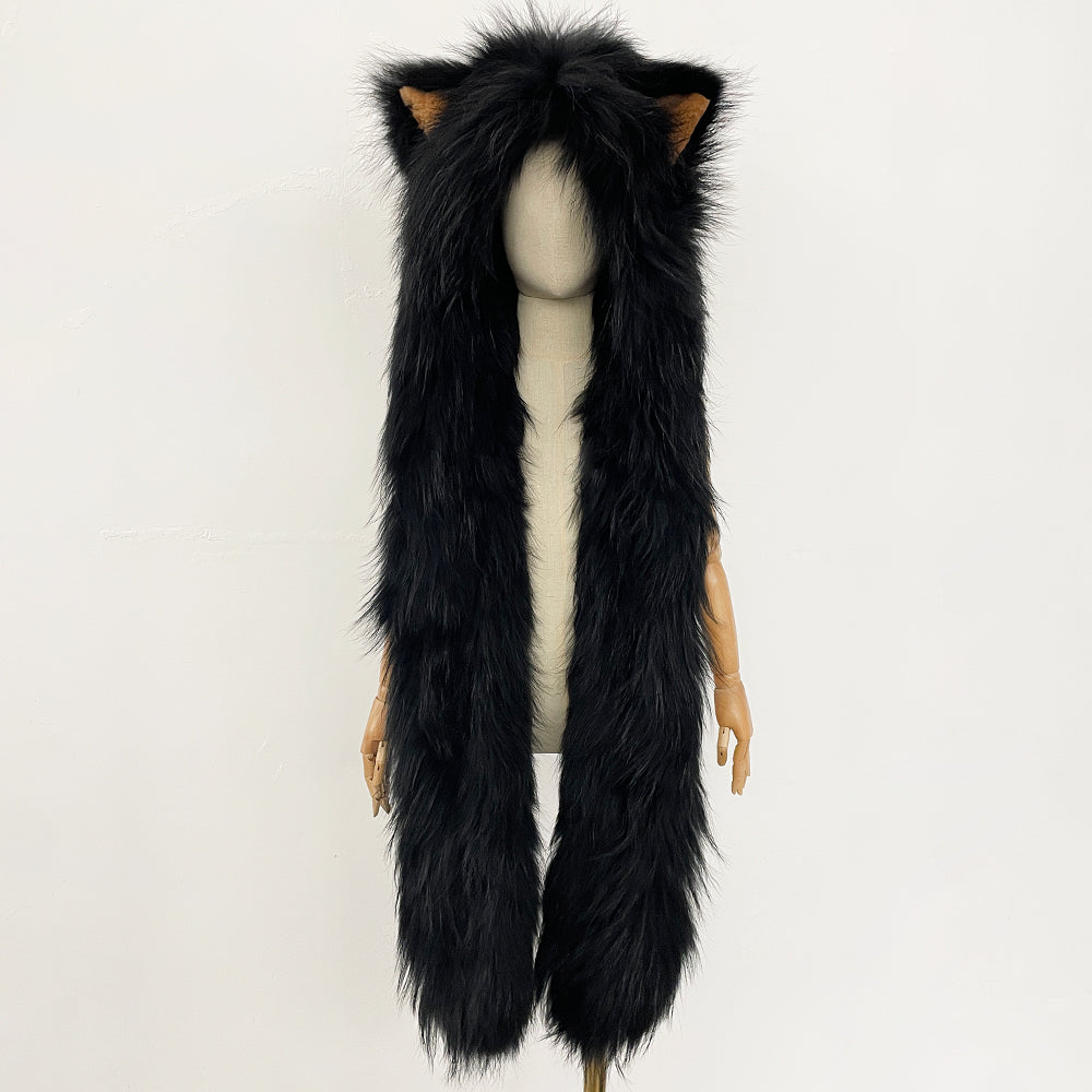 OFTBUY Thick Warm Cute Animal Natural Raccoon Fur Hat Scarf Women New Winter Windproof Cycling Caps Real Fur Muffler Female