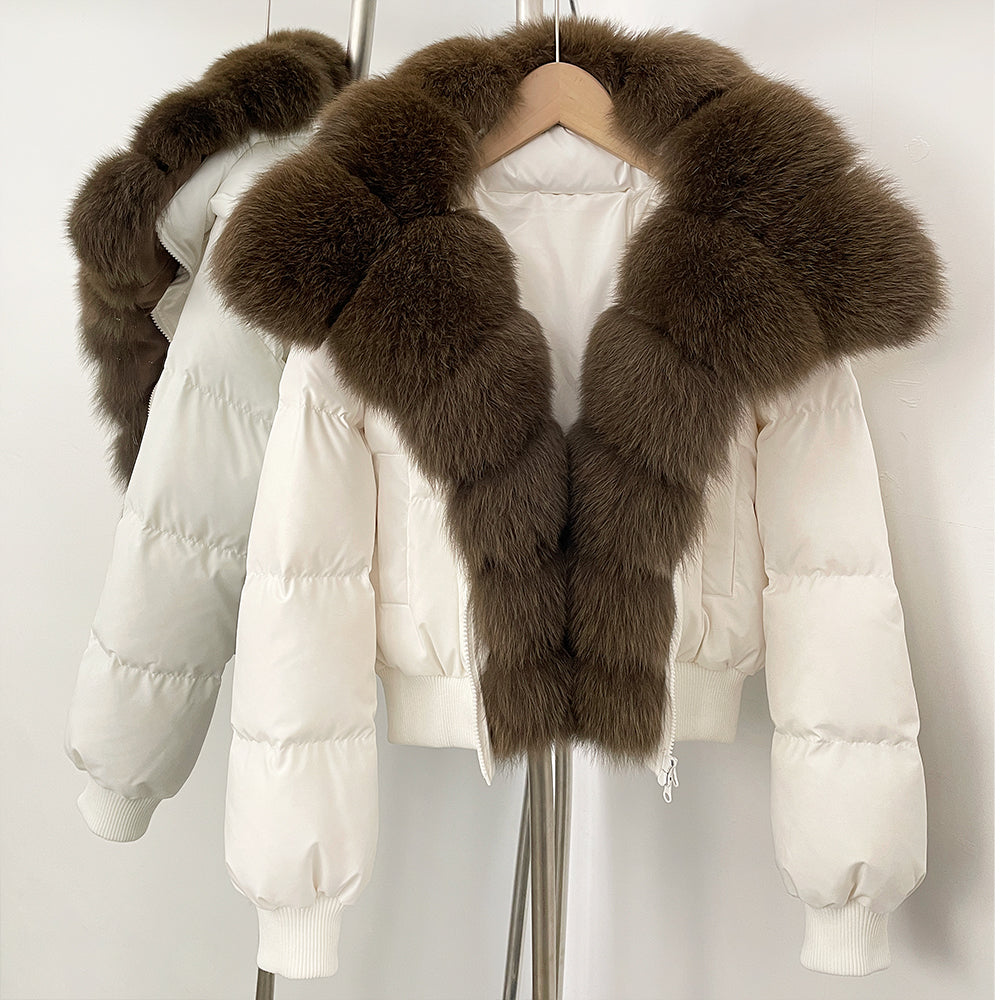 OFTBUY New Winter Real Fox Fur Hooded 90% White Duck Down Jacket Women Short Loose Puffer Coat Female Thicken Parkas