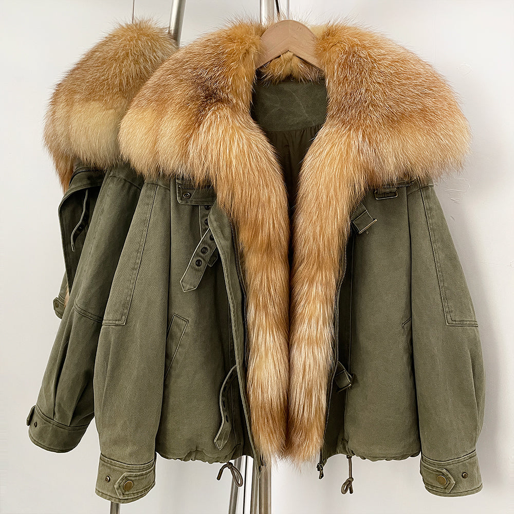 OFTBUY Loose Real Fox Fur Puffer Jacket Lady 100% Cotton Natural Fur Duck Down Coat Female New Winter Thick Warm Clothes Women