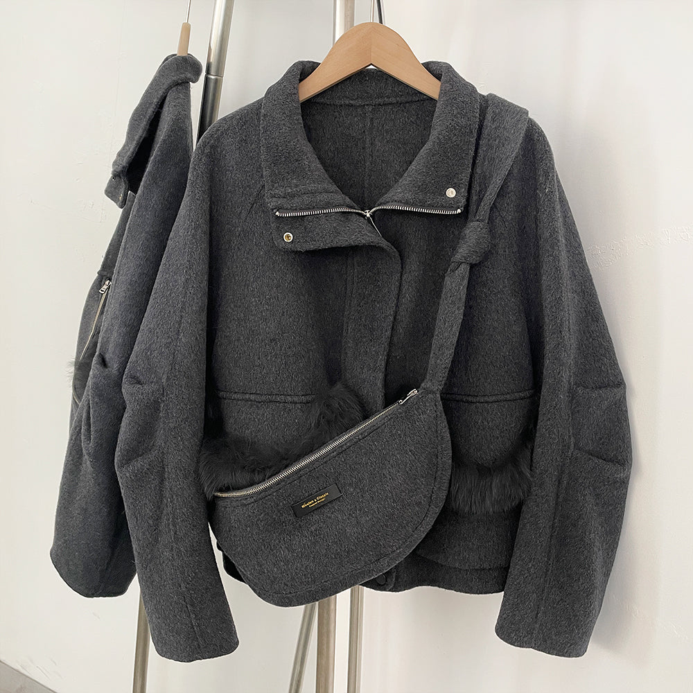 OFTBUY Short Zipper Real Fox Fur Woolen Jacket Fashion Casual Long Sleeves Woo Coat Female with Bag New Autumn Clothes Women