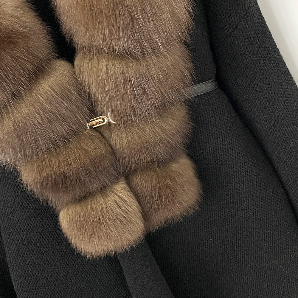 OFTBUY Fashion Belt Warm Sweater Female Natural Fur Loose Cadigan Coat Women Medium Length Knit Jacket with Real Fox Fur Collar